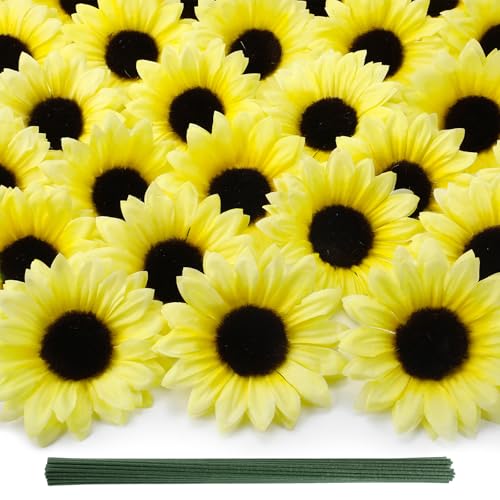 "Coferset 40pcs Fake Sunflower Heads with Stems, 4"" Fall Sunflower Artificial Silk Flower Heads for Party Baby Shower Wedding Making Handicrafts Home Fall Decor(Cream Yellow)"