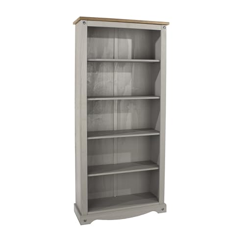Home Source Solid Pine Wood Large Tall Bookcase, 5 Book Shelves, Grey