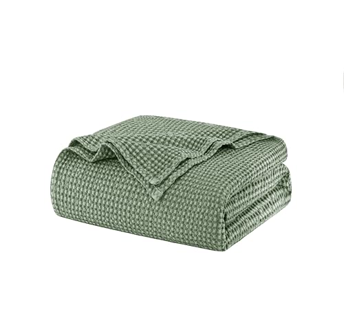 Talasily 100% Cotton Blanket Throw Size for Bed - Lightweight & Breathable All Season Bedding -Soft Waffle Weave Blanket,Machine Washable,Green,50x60 Inches