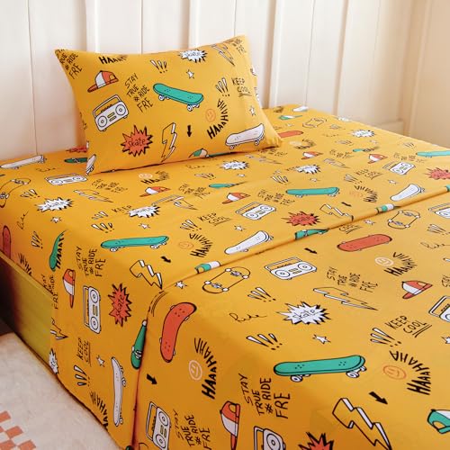 Homilay Twin Sheets Set Kids - 3 Piece Sheets for Boys, Girls, Teens, Toddler, Easy Fit Deep Pockets, Breathable, Wrinkle-Free, Cozy Soft Cartoon Print Cute Bed Sheets, Skateboarding