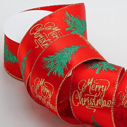 Italian Options Glitter Merry Christmas Tree Red Satin Ribbon, Wide Wired Christmas Ribbon for Crafts, Gift Wrapping Accessories, Wreaths, Tree Decorations, Bows, Red, 63 mm x 10 Metre