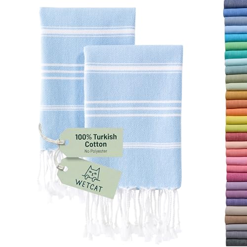 "WETCAT Turkish Hand Towels with Hanging Loop, Set of 2 (20"" x 30"") 100% Turkish Cotton, Pre-Washed, Quick Drying, for Kitchen or Bathroom - Light Blue"