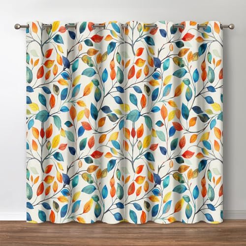 Jekeno Boho Watercolor Leaves Blackout Curtains Bohemian 4 Seasons Colorful Leaf Print Drapes Decor Home Apartment Bedroom Living Room Darkening Grommet Window Treatments 2 Panels Set,52x84 Inch