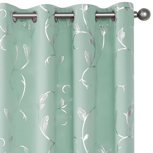 BUHUA Blackout Curtains Gold Foil Print Flower Vine Grommet Drapes, Room Darkening Thermal Insulated Curtains, Noise Reducing Curtain for Bedroom, Aqua, 52Wx108L, 2 Panels