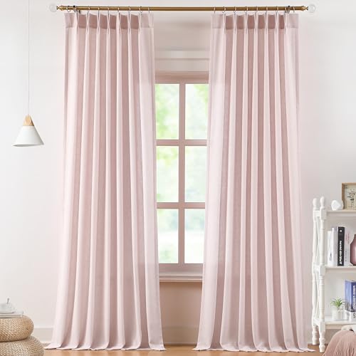 "Vision Home Pink Pinch Pleated Semi Sheer Curtains with Lined 102 inch Textured Linen Blended Light Filtering Pleat Drapes for Living Room Girls Bedroom Back Tabs with Hooks 2 Panels 40"" Wx102 L"