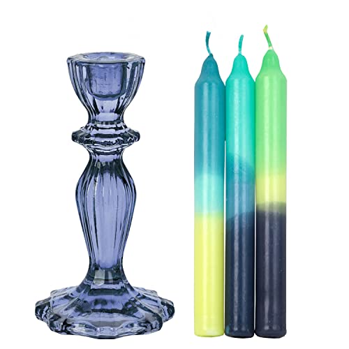 1 x Navy Green Coloured Glass Candlestick Candle Holder & 3 x Ombre Tapered Dinner Candles Unscented Wax Candlesticks for Her or Him Blue Yellow - Made by Talking Tables