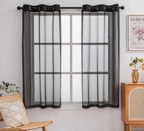 PI Black Sheer Curtains 45 inches Long with Grommet,Extra Short Sheer Window Treatment for Caf??/Bars 2 Panels (W52 X L45, Black)