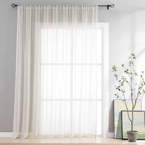FMFUNCTEX Beige Flax Linen Sheer Curtains 96 Inch Long Extra Wide 1 Panel - Semi Sheer Drapes , Sliding Glass Door Window Curtain, Patio Glass Door, for Bedroom Living Room, Rod Pocket, Flax Linen