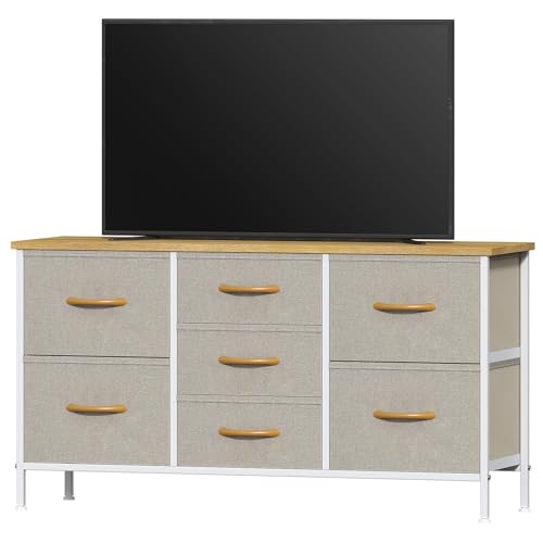 Feonase Bedroom Chest of Drawers, Small Dresser with 7 Fabric Drawers, Metal Frame & MDF Wood Top, Adjustable Feet, Storage Organizer Unit for Bedroom, Closet, Living Room, Hallway, Khaki