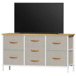 Feonase Bedroom Chest of Drawers, Small Dresser with 7 Fabric Drawers, Metal Frame & MDF Wood Top, Adjustable Feet, Storage Organizer Unit for Bedroom, Closet, Living Room, Hallway, Khaki