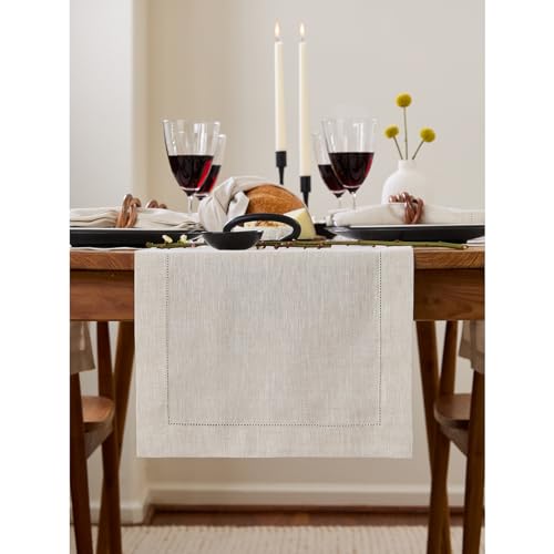 Solino Home 100% Linen Table Runner Natural, Classic Hemstitch 14 x 120 in - for dining, decor, party, light natural, indoor outdoor, gift, OEKO-TEX Certified - Fall, Halloween, Thanksgiving, Christmas