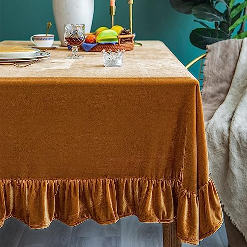 GLORY SEASON Velvet Tablecloth Luxurious Solid Rectangle/Oblong Retro Farmhouse Ruffle Tablecloths Washable Table Cover for Party Wedding Baby Shower Kitchen Dinning Tabletop Decoration 60x84 Inch
