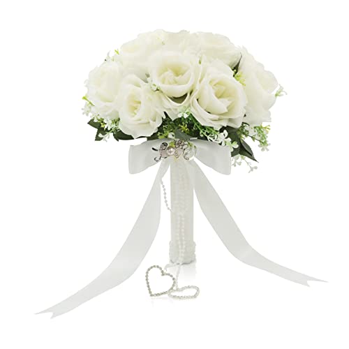 LEIFENY Wedding Bouquets for Bride, White Bridal Bridesmaid Wedding Flowers with Silk Ribbon and Rhinestones, Artificial Toss Rose for Civil Ceremony