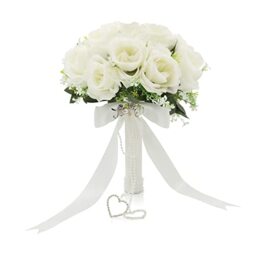 LEIFENY Wedding Bouquets for Bride, White Bridal Bridesmaid Wedding Flowers with Silk Ribbon and Rhinestones, Artificial Toss Rose for Civil Ceremony