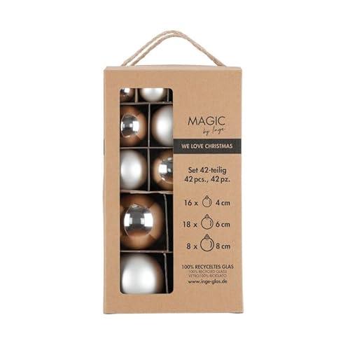 MAGIC by Inge - Frosty Silver Christmas Baubles Set of 42 with Diameter 4 cm, 6 cm and 8 cm, Christmas Tree Decoration Glass