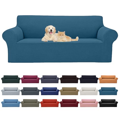 Cupuamon 2025 New Stretch Oversized Sofa Slipcovers Couch Sofa Cover for 4 Seater Furniture Protector Covers with Elastic Bottom Jacquard Fabric Small Checks for Pets, Kids - Peacock Blue