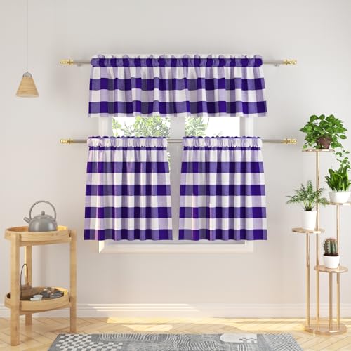 "3 Pieces Tier Curtains and Valance Set Buffalo Check Kitchen Tiers Plaid Gingham Rod Pocket Classic Short Small Cafe Curtains Country Farmhouse Cafe Bathroom 54""x18""/27""x24"" Purple & White"