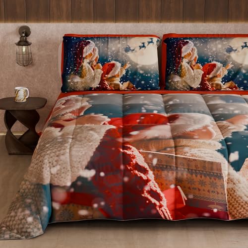 PETTI Artigiani Italiani - Winter Christmas Queen Size Quilt, Christmas Queen Size Duvet, Double-Sided Quilt with Solid Color and Digital Print Xmas 20, Made in Italy