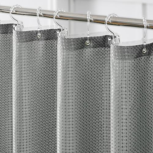 QiyI 3 in 1 Shower Curtain Set, Grey Waffle Shower Curtain and Liner Set with 12 Double Shower Curtain Hooks, Waterproof Fabric Hotel Bathroom Curtain with PEVA Liner & Clear Plastic Rings, 72 x 78
