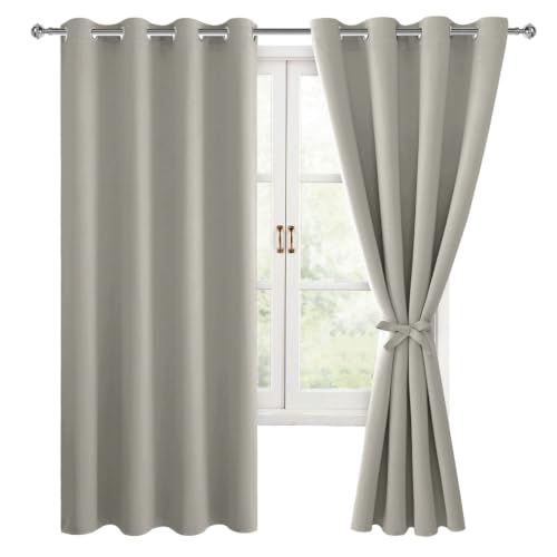 Hiasan Blackout Curtains for Bedroom, 52 x 63 Inches Length - Thermal Insulated & Light Blocking Window Curtains for Living Room/Kids Room, 2 Drape Panels Sewn with Tiebacks, Taupe