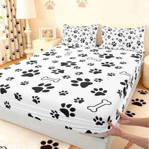 Dog Paw Print Bedding Set Twin Size Puppy Bone Bed Set for Girls Teens Bedroom Decor Kids Black White Fitted Sheet Soft Microfiber Dog Footprints Bed Cover(1 Fitted Sheet+1 Pillow Case),No Flat Sheet