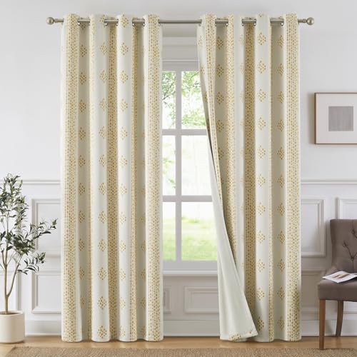 Melodieux Boho Blackout Curtains 84 Inch Length 2 Panels Set, Bedroom Living Room Darkening 80% Light Blocking Yellow Striped Curtains Boho Patterned Vintage Cotton Textured Grommet Drapes