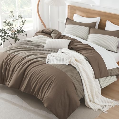 Litanika Coffee King Size Comforter Set - 3 Pieces Stripe Bed Set - Fluffy Lightweight Soft Colorblock Down Alternative All Season Bed Set