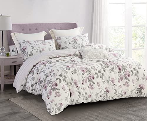 SLEEPBELLA Duvet Cover King Size, 600 Thread Count Cotton Blush & Grey Flowers Printed on Off-White Luxury Floral Comforter Cover Sets, Bedding Set 3Pcs (Queen, White Floral)