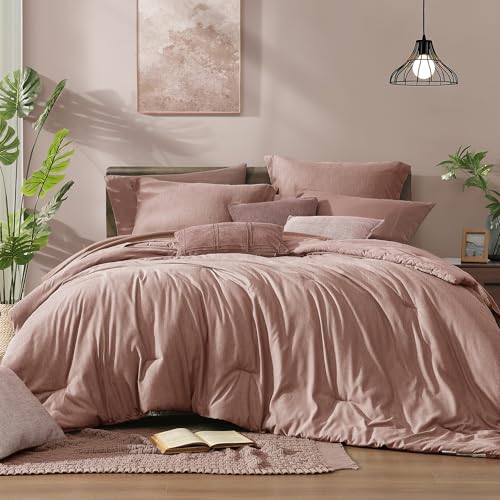 Monbix Queen Comforter Set 7 Pieces Dusty Pink Cationic Dyeing Bed in a Bag - Lightweight Reversible All Season Bedding Sets with Comforter, Sheets, Pillowcases & Shams