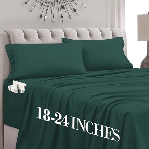 Mocassi King Size 4-Piece Bed Sheet Set - 1800 Premium Hotel Quality Microfiber 18-24 Inches Extra Deep Pocket Fitted Sheet- Luxury Soft, Breathable, Wrinkle, and Fade Resistant, Hunter Green