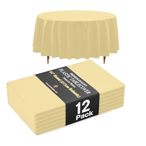 Exquisite 66% Thicker Premium Light Yellow Round Tablecloth 0.5 Mil 12 Pack Plastic Table Cloth reusable 84 Inch Round Plastic Tablecloth Won't Tear Easily Like Cheap Thin Brands