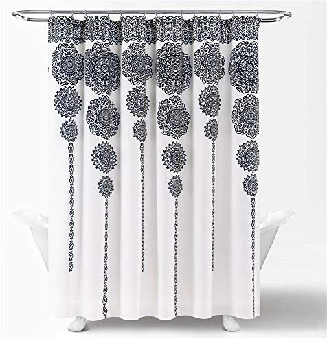 "Lush Decor Stripe Medallion Shower Curtain-Fabric Mandala Bohemian Damask Print Design, 72"" x 72"", Navy"