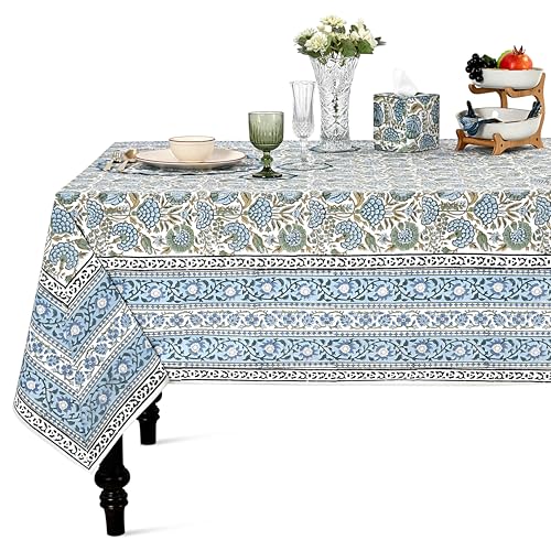 "Ridhi Asparagus Green Hand Block Print Cotton Rectangle Tablecloth 120"" x 80"" inches Reusable Table Cover Decorative Everyday Use for Dining Room, Farmhouse, Home Gift for Spring, Mother's Day"