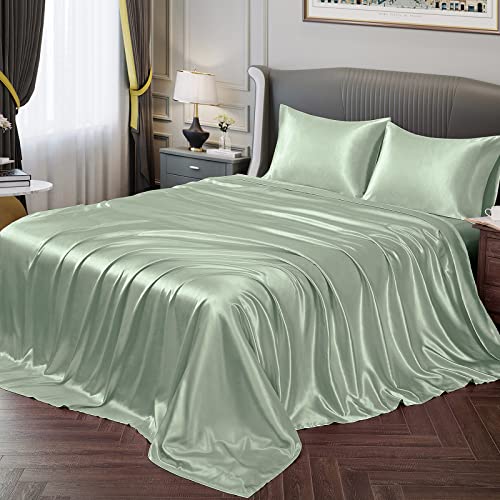 Vonty Satin Full Sea Glass Sheets, Fitted + Flat + 2 Pillowcases - Silky Satin Protects Hair, Reduces Facial Wrinkles, Deep Pocket Up To 15 Inch, Machine Washable, Year-Round Comfort