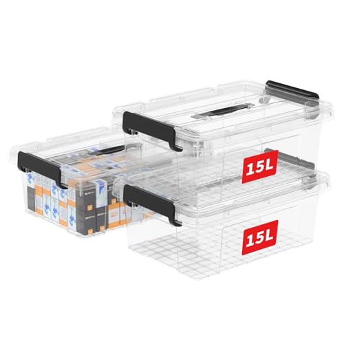 Cetomo 15L*3 Storage Boxes, Carry Plastic Storage Box with Lids, Clear Organizing Container with Handle and Secure Latches, Nestable & Stackable Tote Box for Home Office, 15L-3 Pack, Transparent