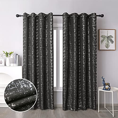 "Taisier Home Silver Foil Print Linen Textured Curtains - Geometric Dots Pattern Design for Bedroom & Living Room - Thermal Insulated Window Treatment, 2 Panels, 108"" L, Black & Silver"