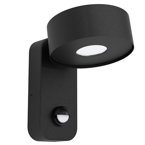 EGLO Palosco LED Outdoor Wall Light, 1-Bulb Outdoor Light with Motion Sensor and Light Sensor, Wall Light Made of Galvanised Steel in Black and Plastic in Transparent, LED Outdoor Lamp Warm White,