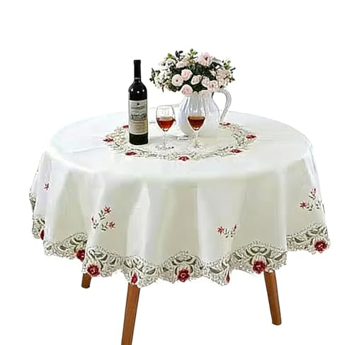 MULBESS Round Table Cloth Rose Embroidered Lace Tablecloth Stain Resistant Fabric Tablecloths Table Cover for Fall Harvest Easter Thanksgiving Festival and Home Decoration (Round 68 inch)
