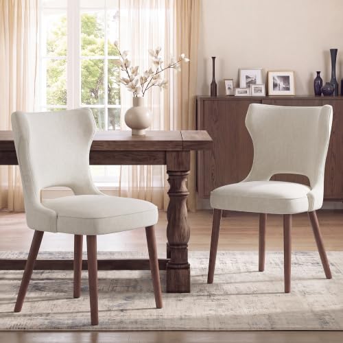 MALOL Upholstered Dining Chairs Set of 2, Dining Room Chairs with Hollow Backrest, High Back Kitchen Chairs with Solid Wood Legs, Thick Seat Cushion, Anti-Slip Pads, Light Beige