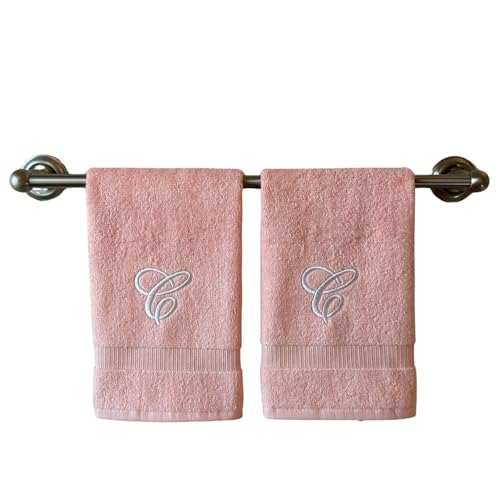 Pink Monogrammed Hand Towels for Bathroom - Luxury Hotel Quality Personalized Initial Embroidered Towel for Powder Room, Spa - GOTS Organic Certified - Set of 2 White Letter C