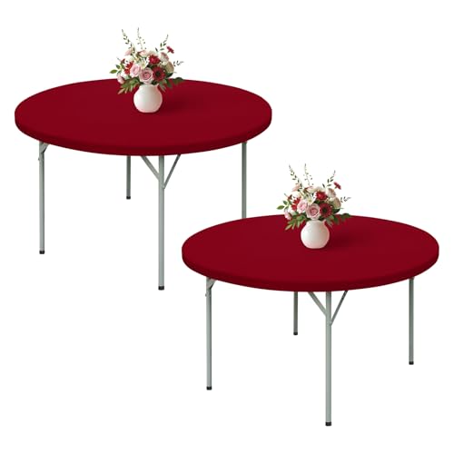 Wolkemer 2 Pack 5ft Fitted Round Tablecloth 60 Inch Elastic Table Cloth - Burgundy Spandex Stretch Table Cover, Machine Washable Table Cloth, Topper Cap for Wedding Party Picnic Dining Indoor Outdoor