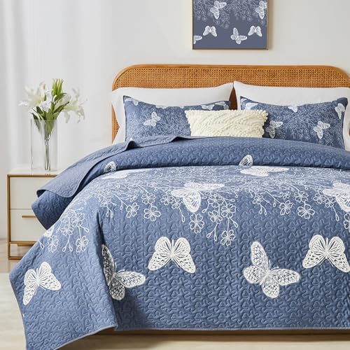 "Yogeneg King Size Quilt Set,White Butterfly Botanical Pattern Blush Grey Bedding Set,3 Piece Lightweight Soft Summer Bedspread Coverlet with 2 PIillow Sham for All Season(Butterfly,110""x96"")"