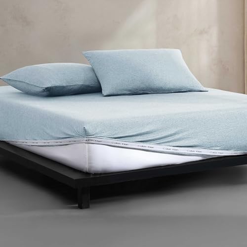 Calvin Klein - Queen Size Sheets Set, Naturally Soft Cotton-Blend Melange Jersey Bedding - Bed Sheets with Matching Pillowcases & Fitted Sheet (Modern Cotton Aqua)