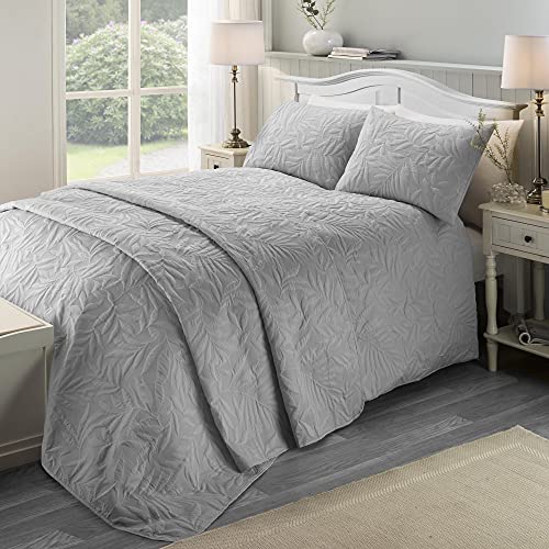Serene - Silver Leaf Embossed Duvet Cover - King Bedding Size (230 x 220cm) - Soft Touch - Leaf/Leaves Embroidery Duvet Cover in Silver - Luxury Bedding Set - Luana Collection