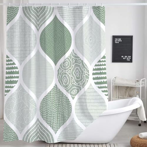 Green and Grey Shower Curtain, Mint Green Retro Bohemian Geometric Fabric Shower Curtains Set for Bathroom Decorative, Boho Modern Abstract Paisley Restroom Decor Accessories with Hooks 72X75 Inch