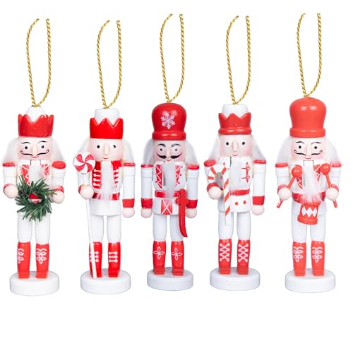 SHATCHI 13cm Wooden Christmas Nutcrackers 5pcs Set - Soldiers King Puppet Moving Parts Figurines Christmas Tree Hanging Decoration Ornaments