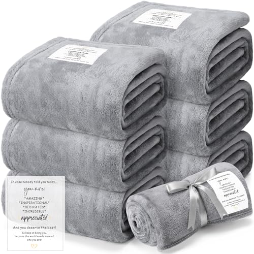 Moukeren 6 Pack Employee Appreciation Gifts Thank You Blankets Bulk, 50 x 60 Inch Fuzzy Cozy Blankets with Inspirational Quote, Soft Flannel Throws for Teachers Nurses(Light Gray,Dedicated)