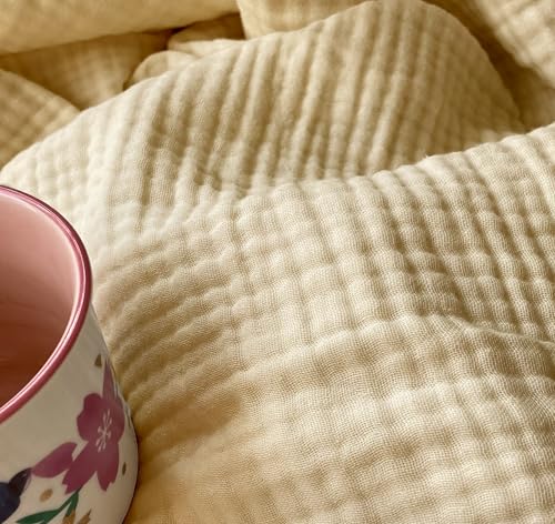 "KyraHome 100% Organic Cotton 55""x60"" Muslin Throw Blanket for Couch Sofa, Pre-Washed Plant Hand Dyed, Breathable Soft, Cozy, Lightweight Blanket with Fringe, All Season (Ivory/Cream/Pale Apricot)"