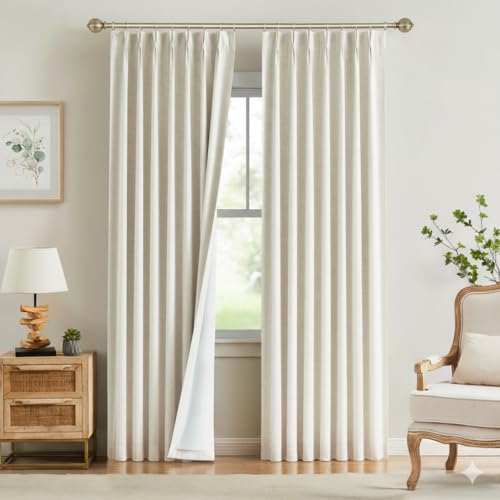 "Kayne Studio Natural Pinch Pleated Full Blackout Curtains, Linen Blend Room Darkening Thermal Insulated Soundproof Drapes, 108 Inch Back Tab Window Curtains for Living Room Bedroom (2 Panels,40""x108"")"