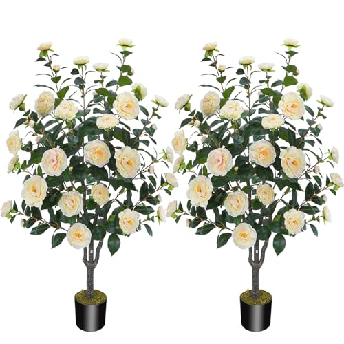 "MHMJON 2 Pack Artificial Camellia Tree 43.3""/3.6FT Yellow Pink Artificial Tree Flower Plants Blooming Tree for Indoor Outdoor Office Home Porch Decor"
